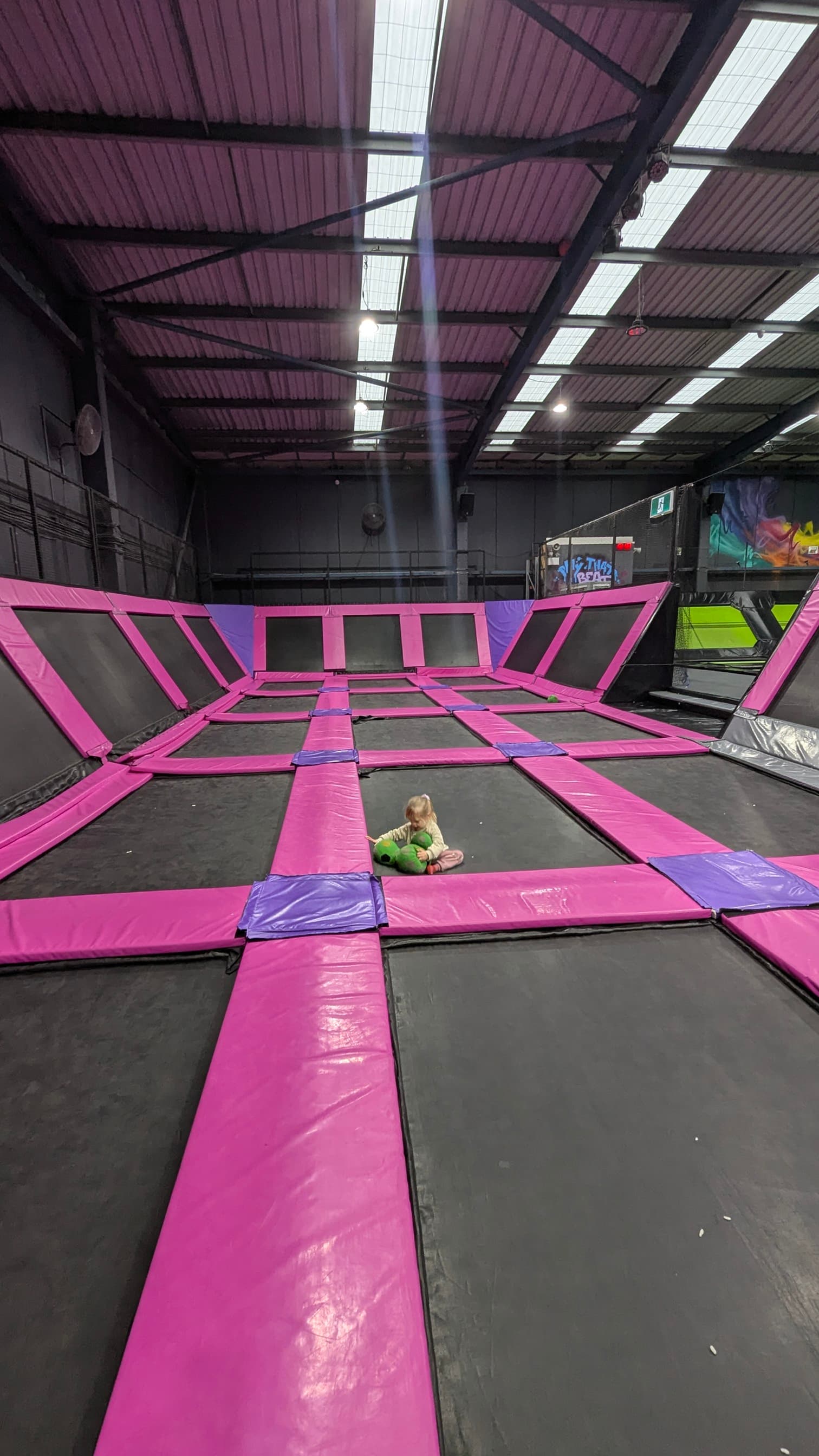 Another area with pink interconnected trampolines on the floor and on the sides. 