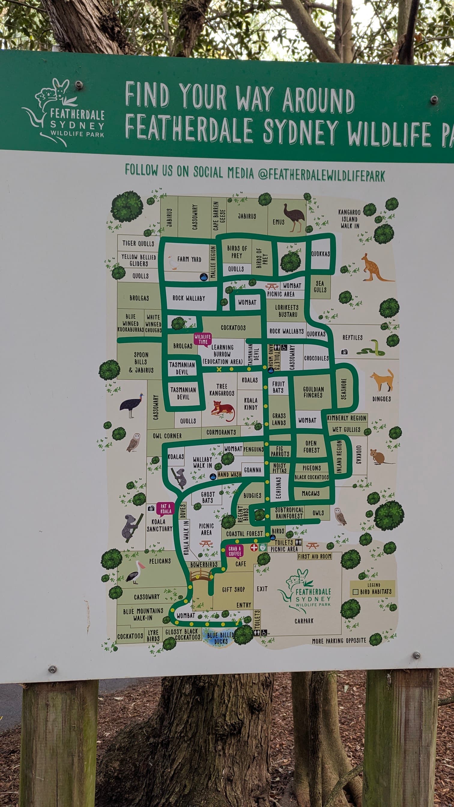 A detailed map of Featherdale Sydney Wildlife Park showing various animal enclosures and park facilities