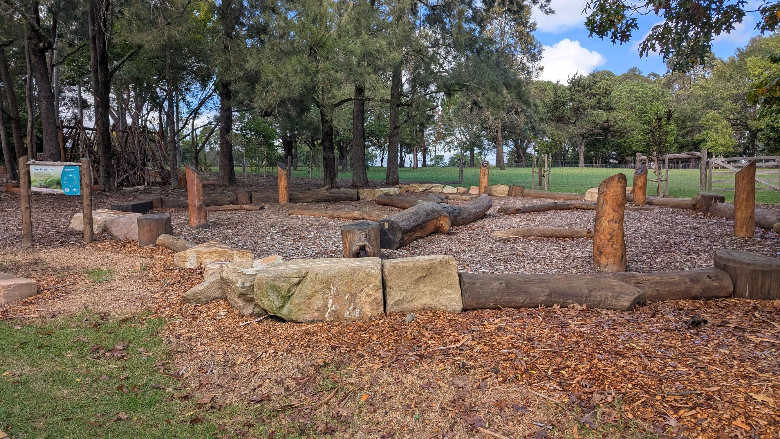 A ring of logs, stumps and large stones to balance on, with more logs in the centre.