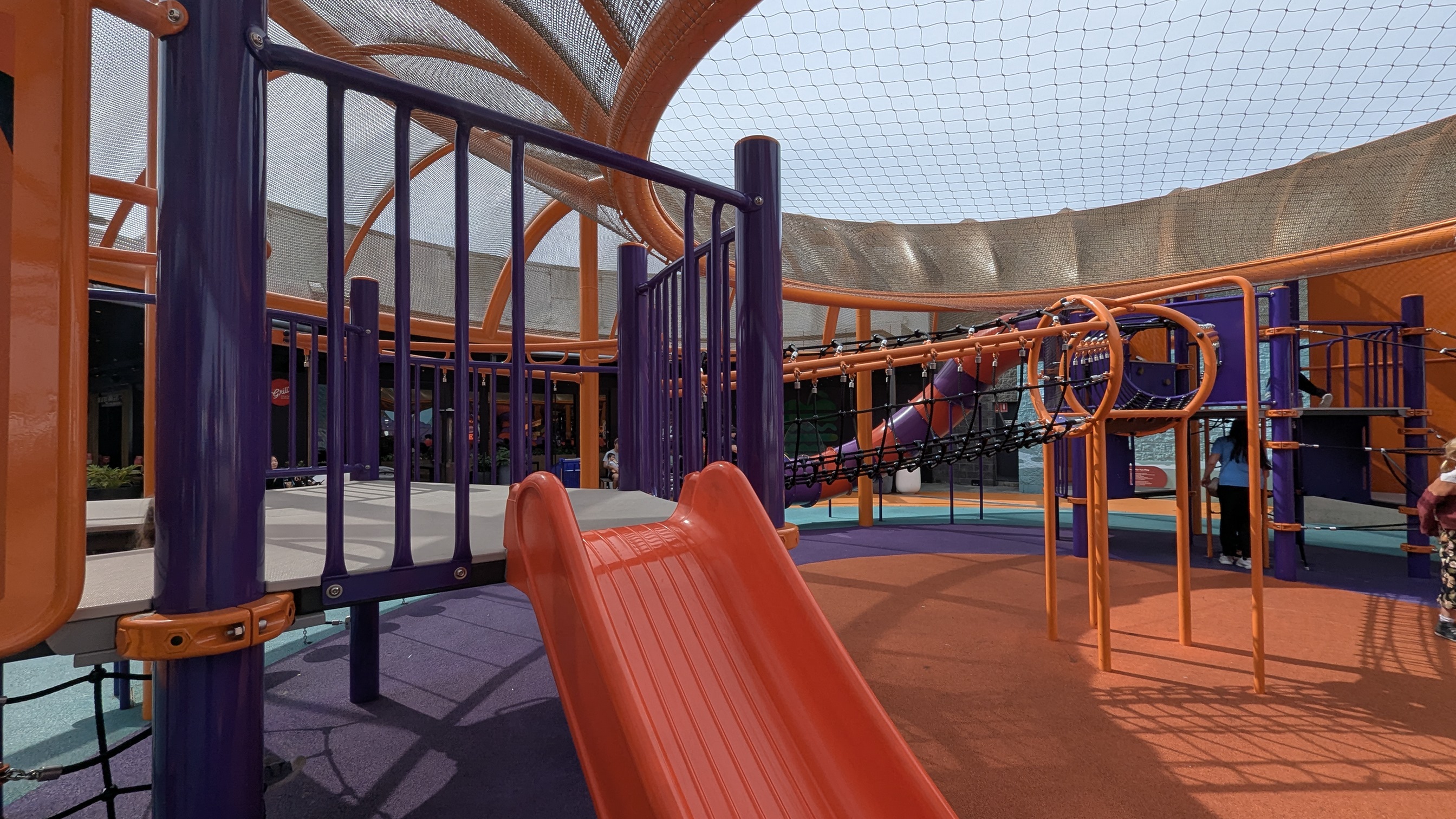 Toddler friendly slide, net bridges.