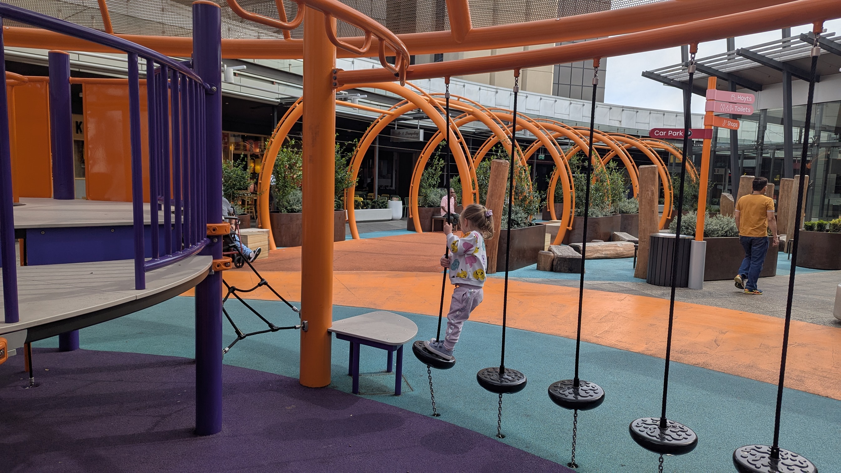 A number of stepping discs forming a small obstacle course.