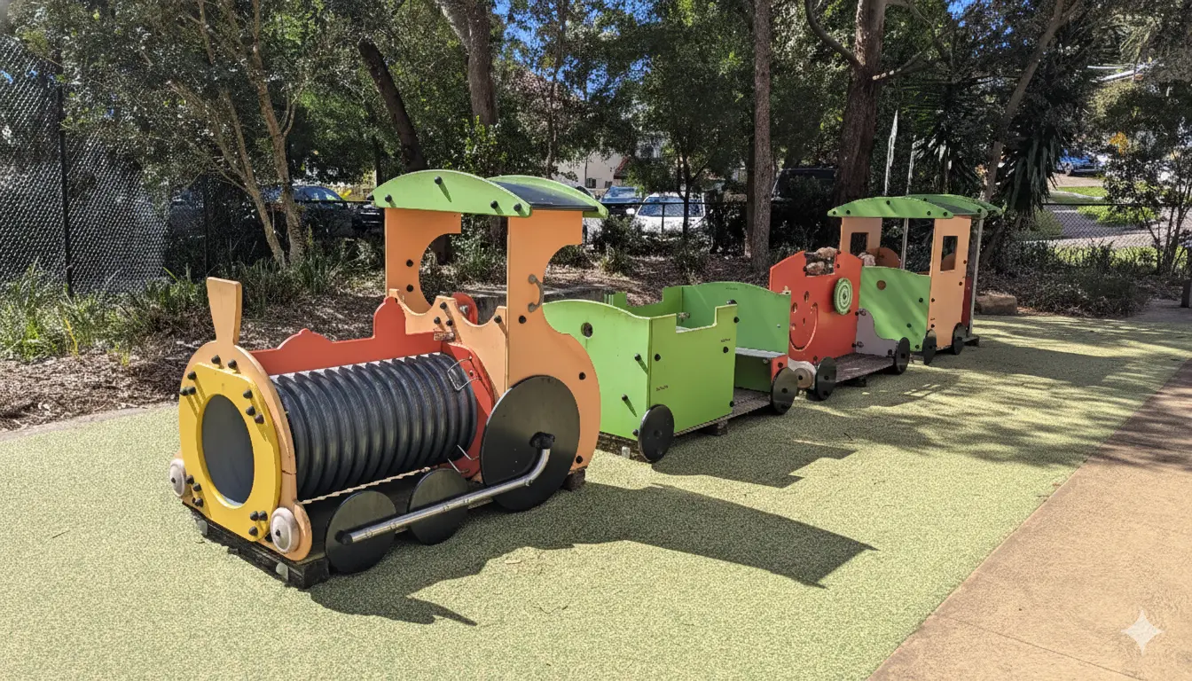 A colorful, low-profile wooden play train on a soft-fall rubber surface, perfect for toddlers and imaginative play.