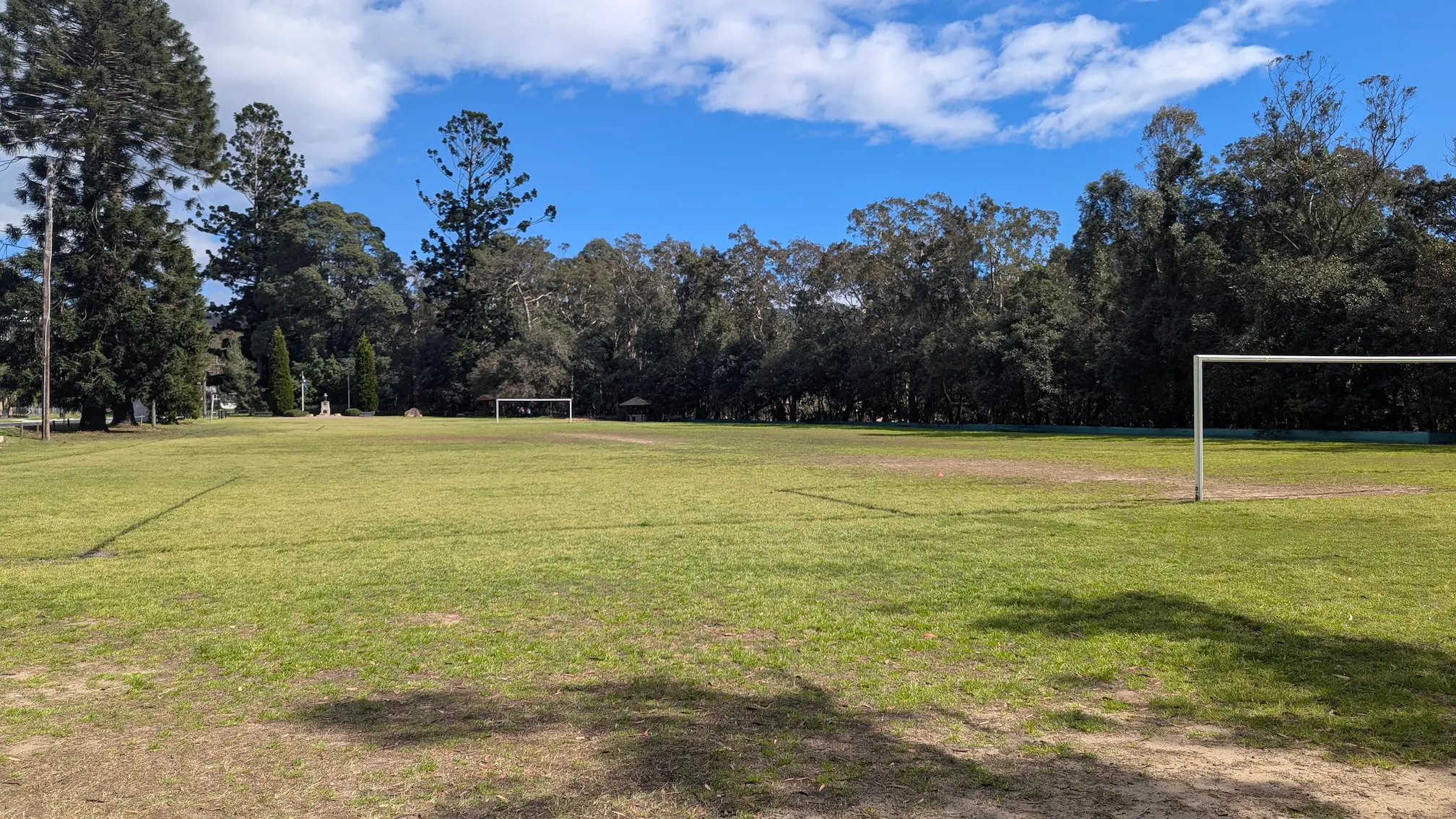 Large, open grassy sports oval with soccer goals, surrounded by mature trees under a blue sky. Ideal for running and field sports.