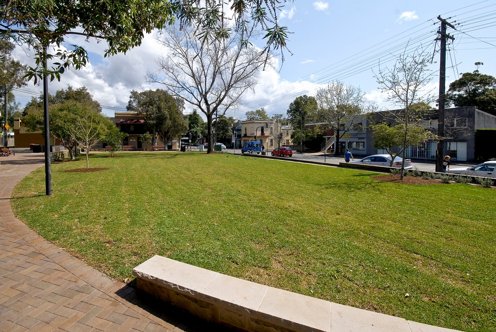 Expansive grassy area with trees and a pathway at Charles Kernan Reserve, with buildings and parked cars in the background.