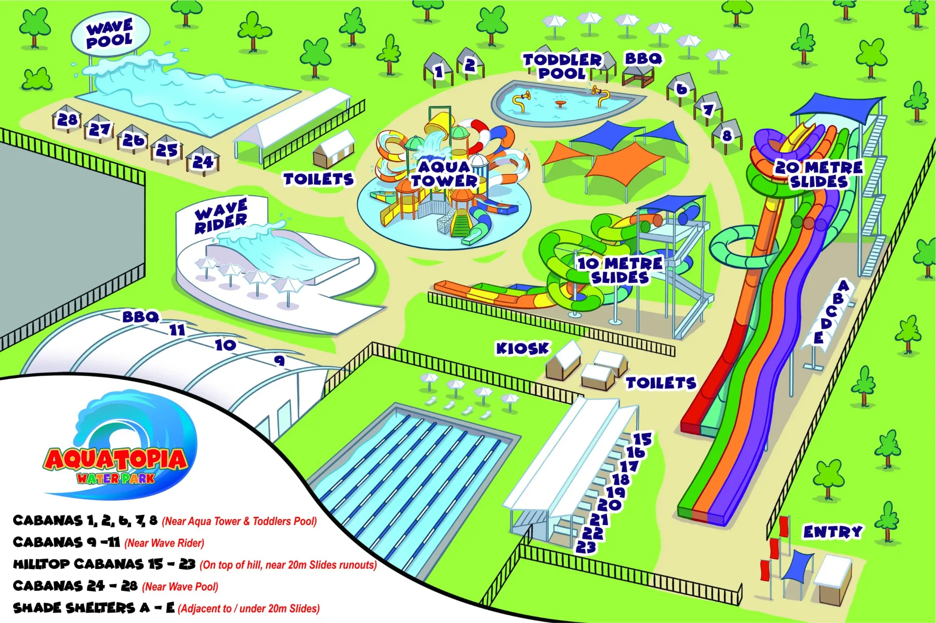 Illustrated map of Aquatopia Water Park showing locations for the Wave Pool, Aqua Tower, 10m and 20m slides, and various numbered cabanas and shade shelters near the entry.