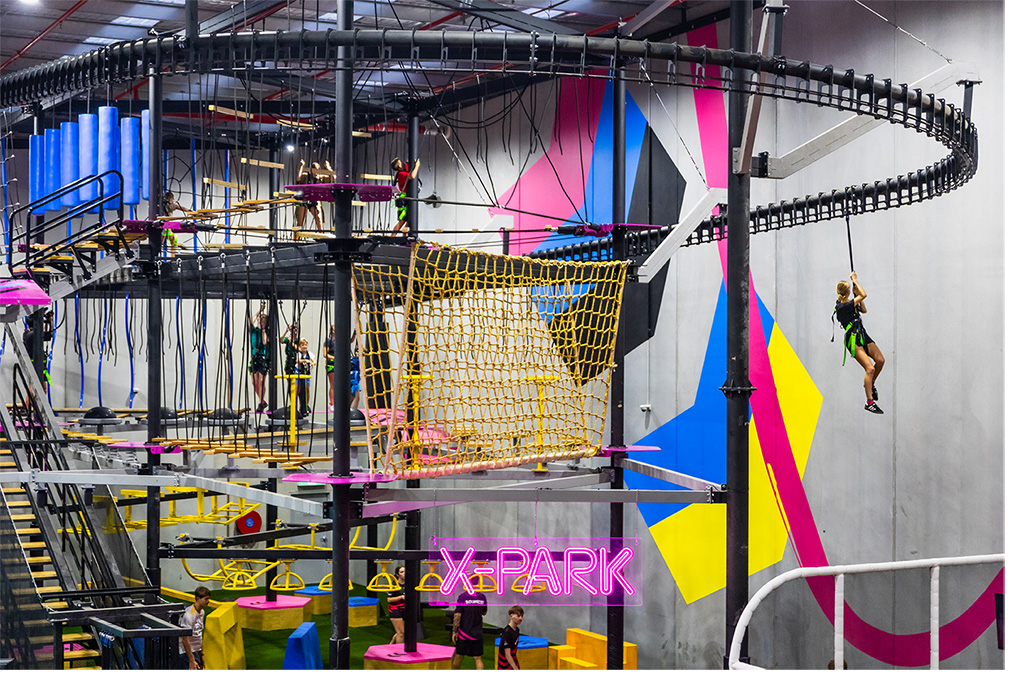 Multi-level X-Park parkour course and elevated High Ropes circuit with climbing nets at BOUNCE Cromer.