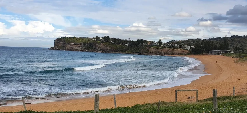 Avalon Beach seen from the southern end, with waves breaking along the sand, a tree-covered sandstone headland behind, and houses on the hillside under a cloudy sky.