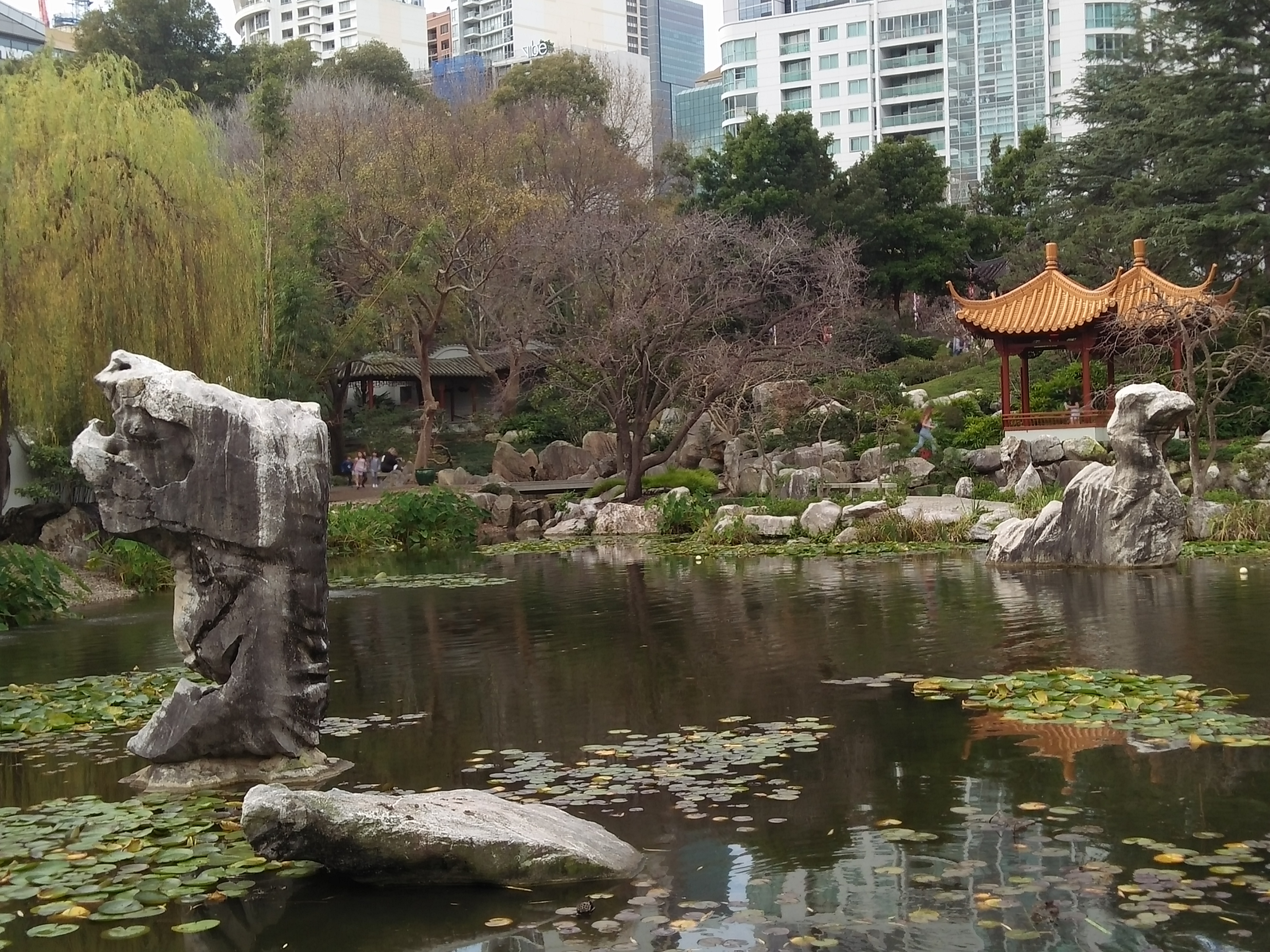 Pond, pavilion and waterfall at the Chinese Garden of Friendship, Darling Harbour