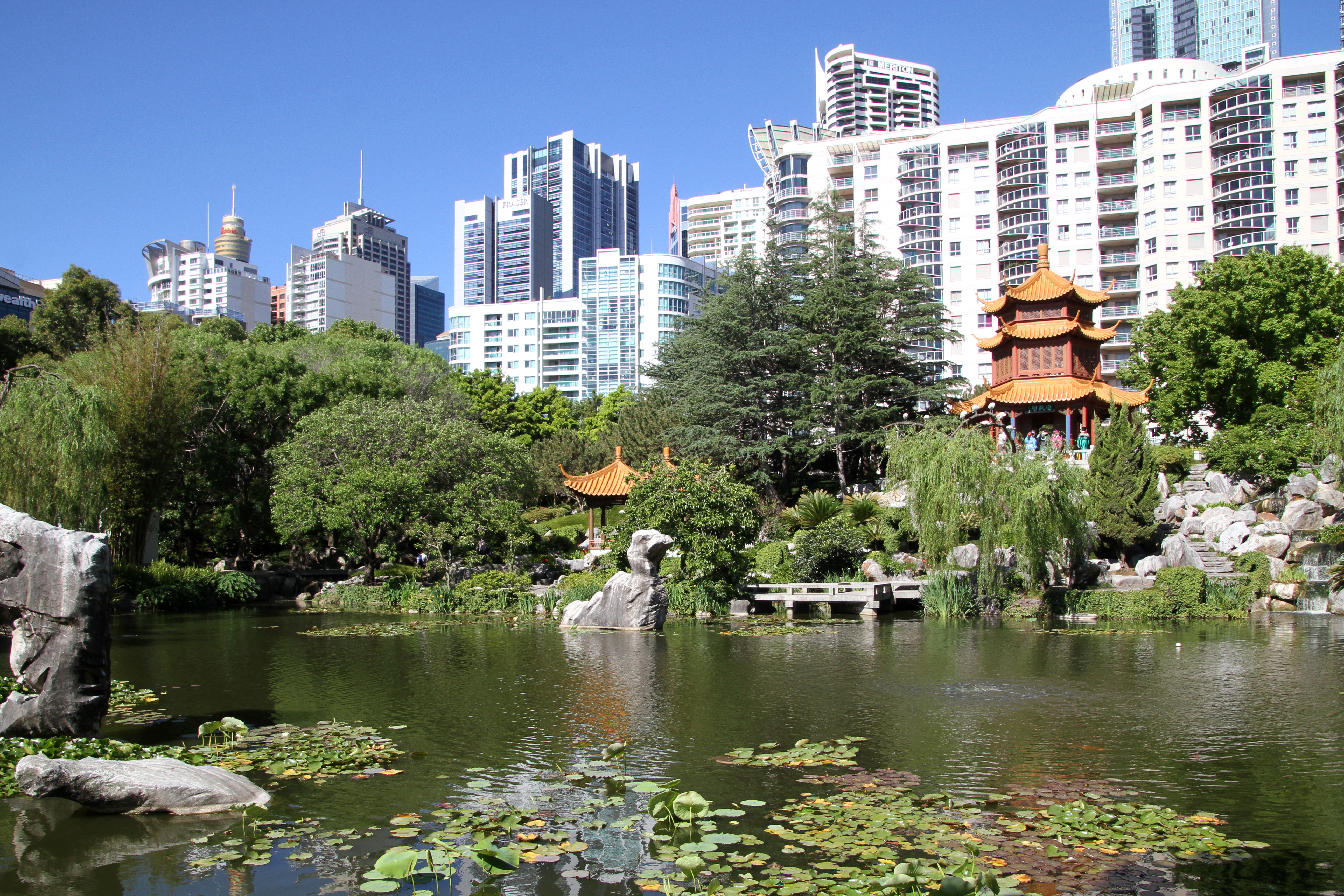 Waterside pavilion and greenery at the Chinese Garden of Friendship, Darling Harbour