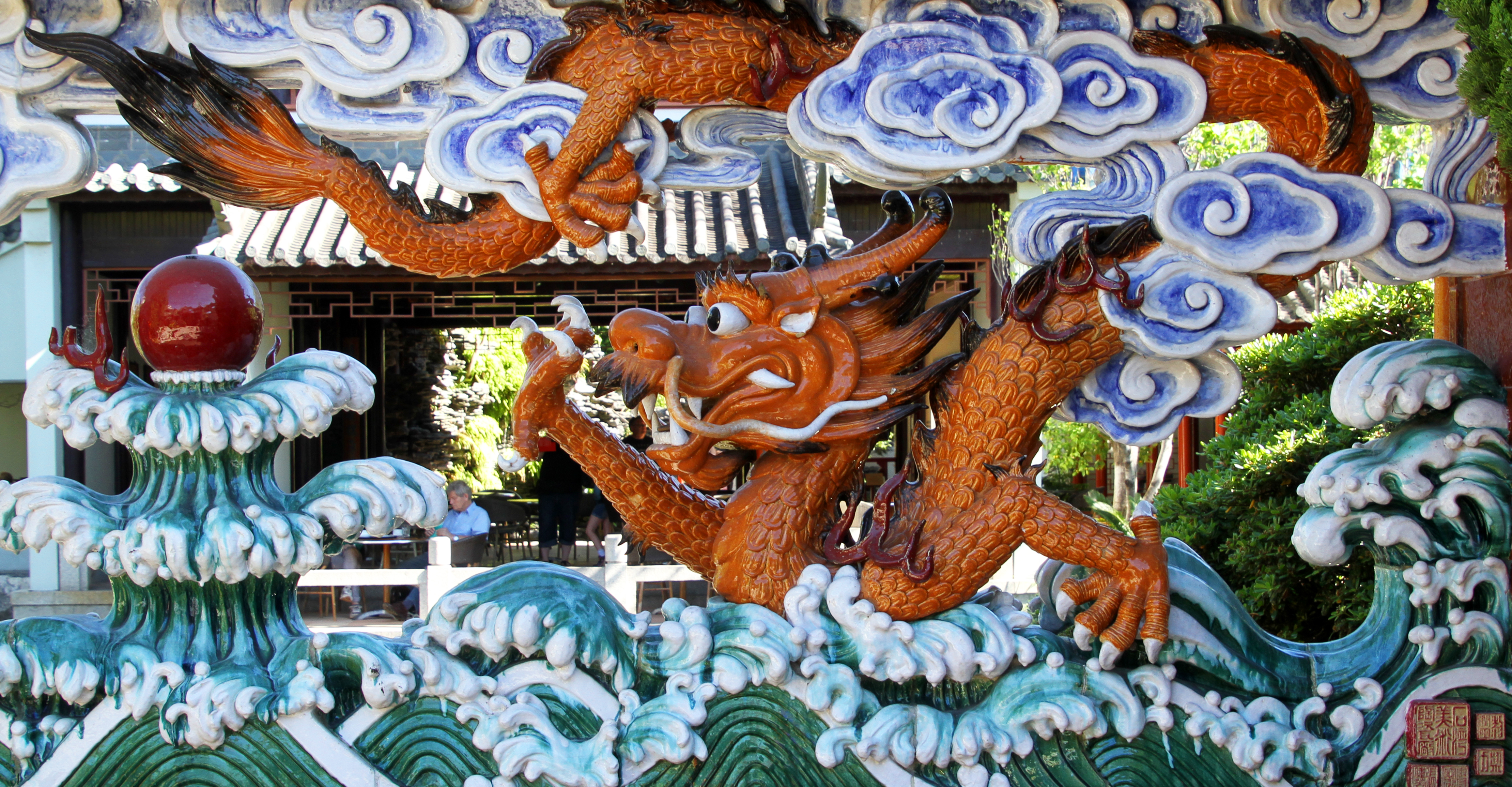 Orange dragon sculpture detail at the Chinese Garden of Friendship, Sydney