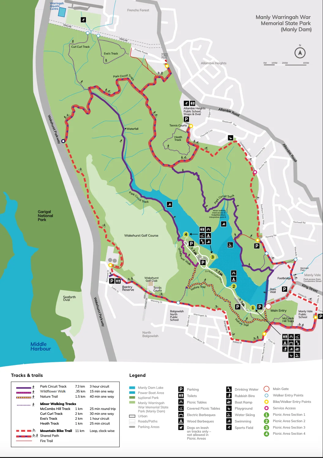 Map of Manly Warringah War Memorial State Park showing hiking trails, Manly Dam Lake, parking areas, picnic spots, toilets, and recreational facilities with distance markers and accessibility information.