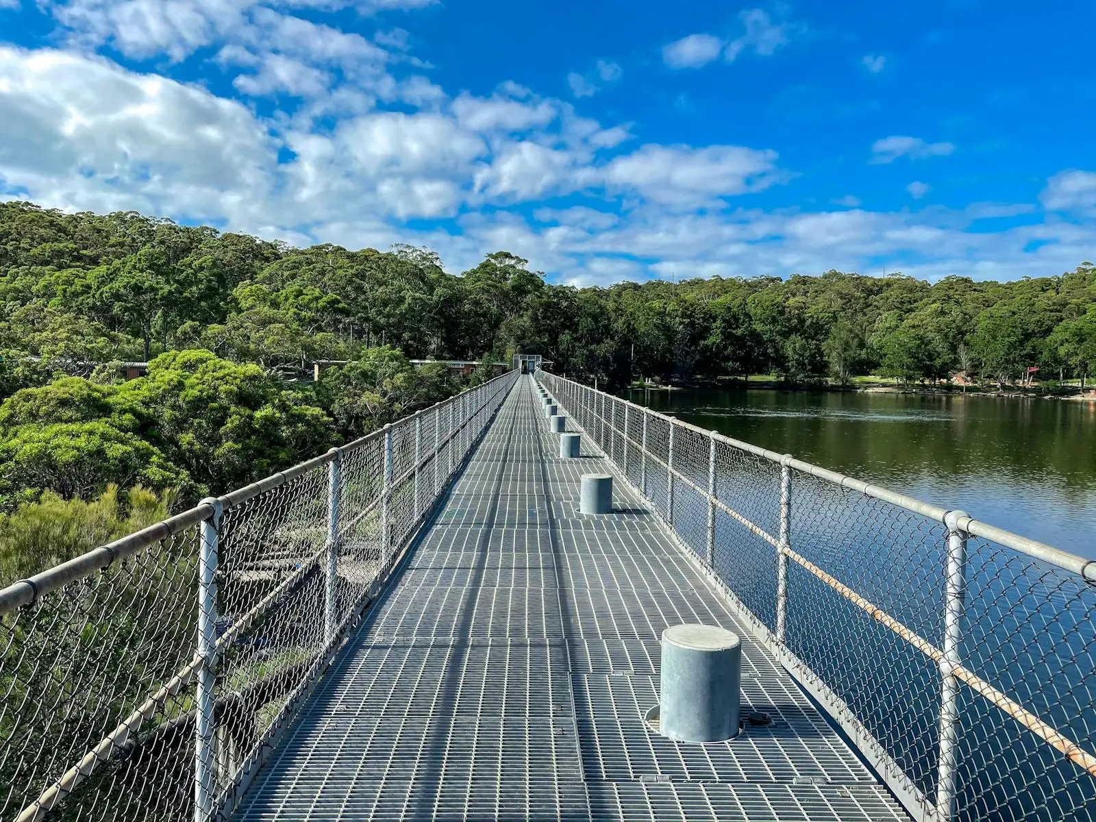 Metal walkway bridge with safety railings extending over water toward forested shoreline at Manly Dam, with clear blue sky overhead