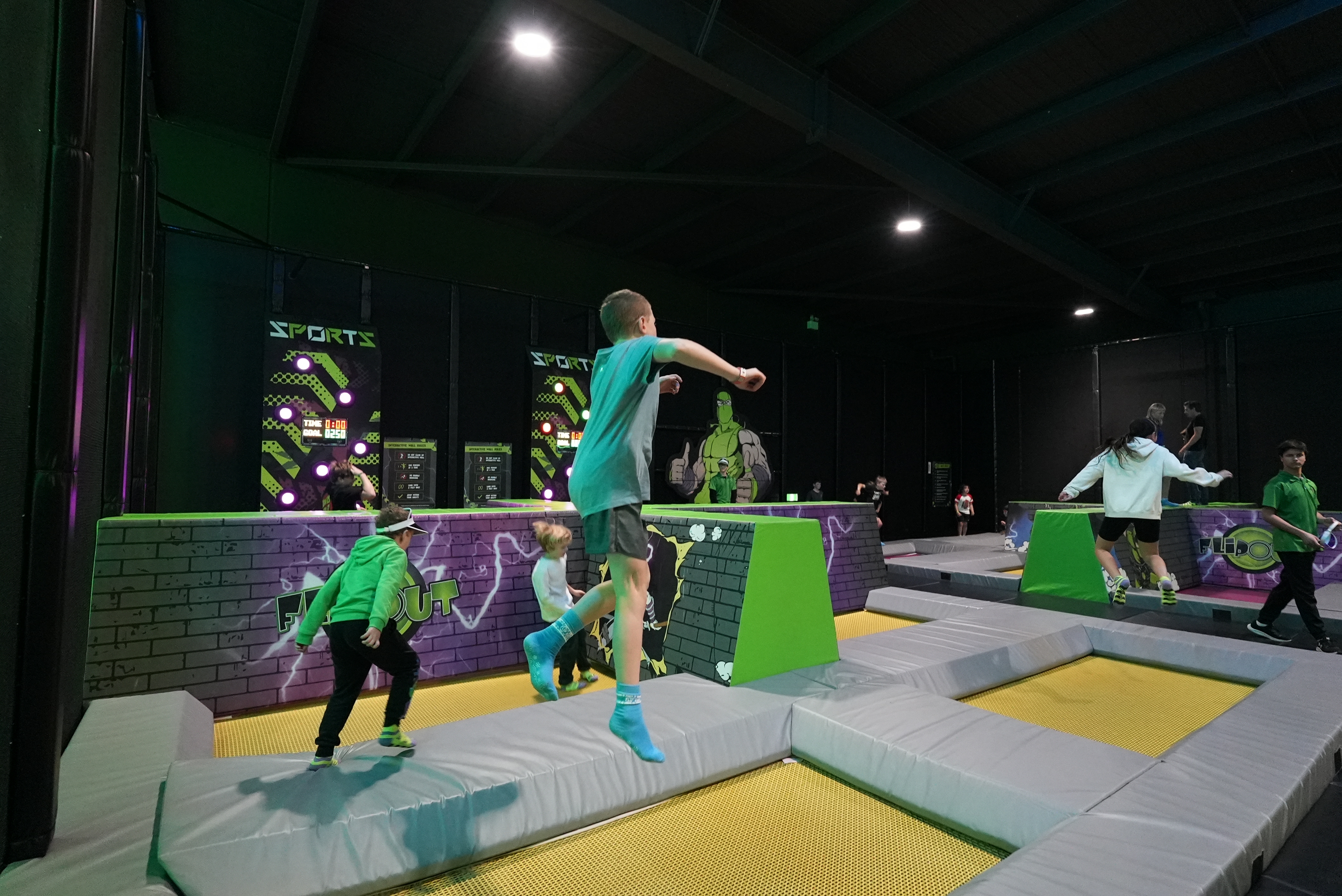 Indoor trampoline arena at Flip Out Frenchs Forest
