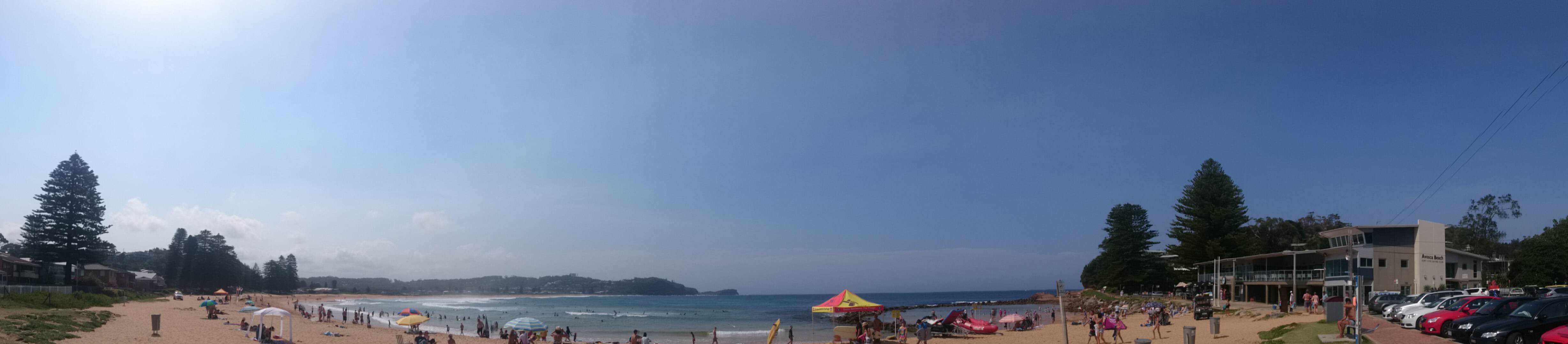 Panorama of Avoca Beach, Central Coast NSW, with the patrolled surf beach and headland.