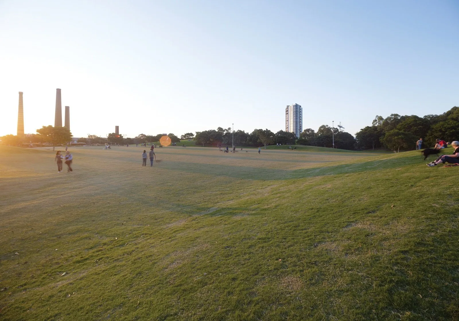 Large open grassy field at Sydney Park with industrial smokestacks in background, scattered visitors enjoying golden hour sunlight, and modern apartment building visible beyond tree line