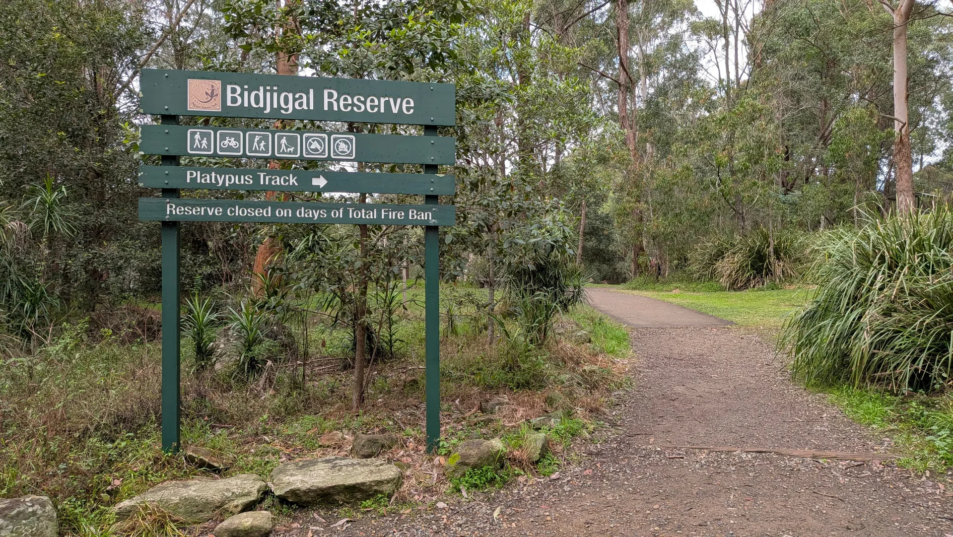Green entrance sign for Bidjigal Reserve Platypus Track showing activity icons and fire ban notice, with paved walking trail leading into native bushland