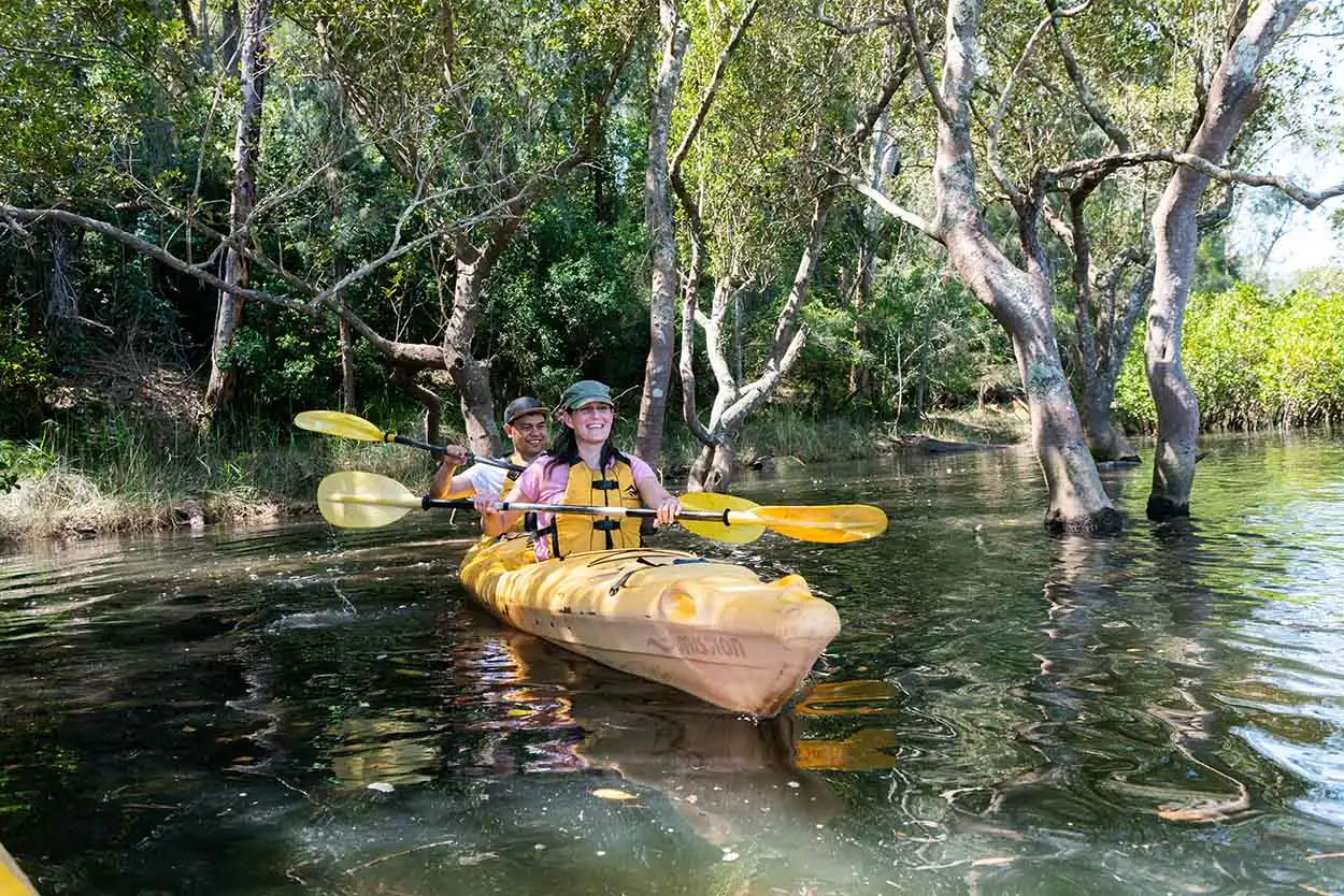 Two kayakers paddling a yellow tandem kayak through calm water surrounded by overhanging trees, wearing life jackets and caps while exploring a peaceful waterway.