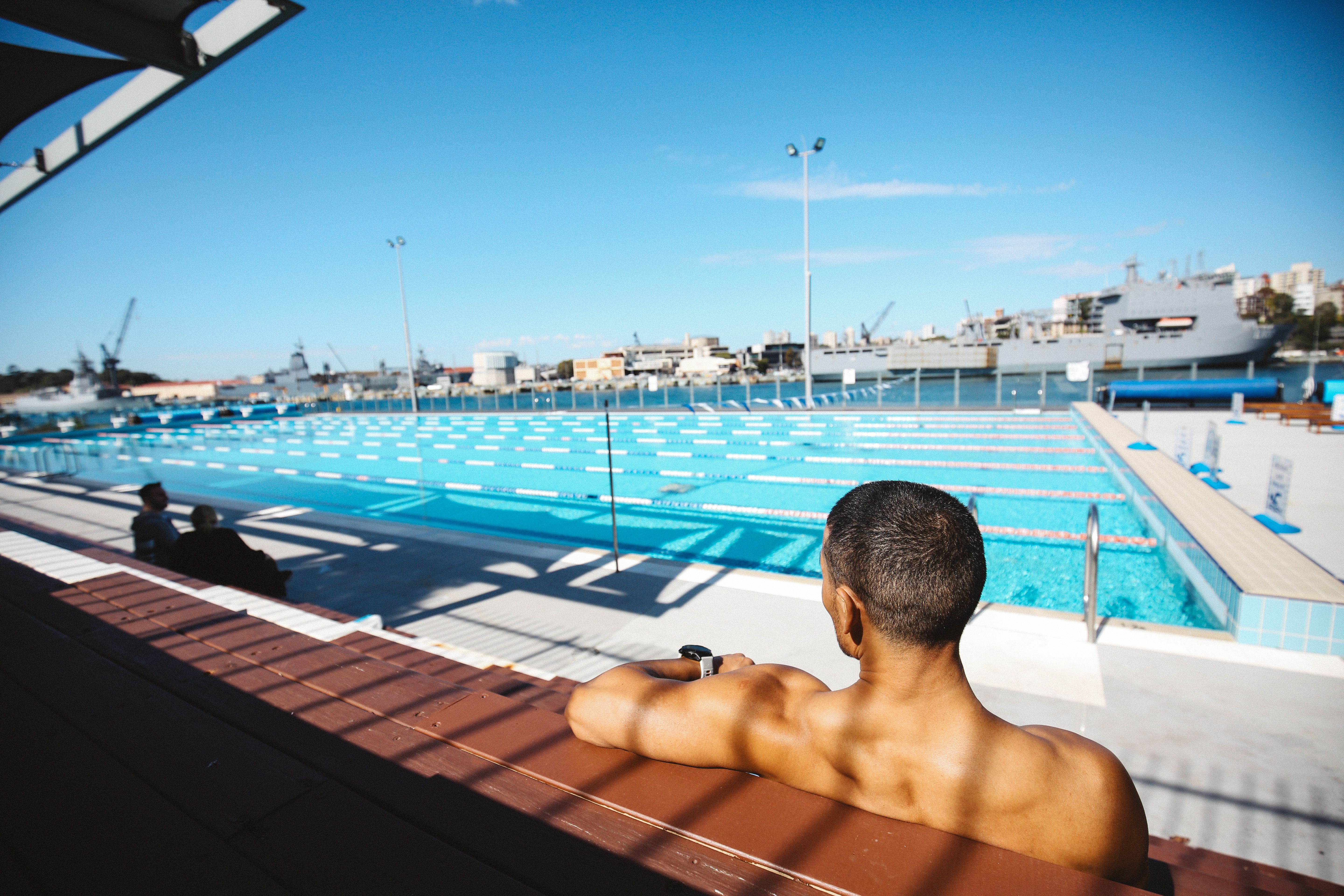 Andrew (Boy) Charlton Pool, a 50m outdoor saltwater pool overlooking Woolloomooloo Bay in The Domain, Sydney.
