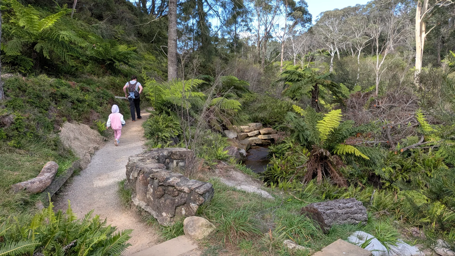 Winding dirt path through lush fern forest with stone bridge crossing small creek, adult and child in pink walking ahead on family-friendly nature trail
