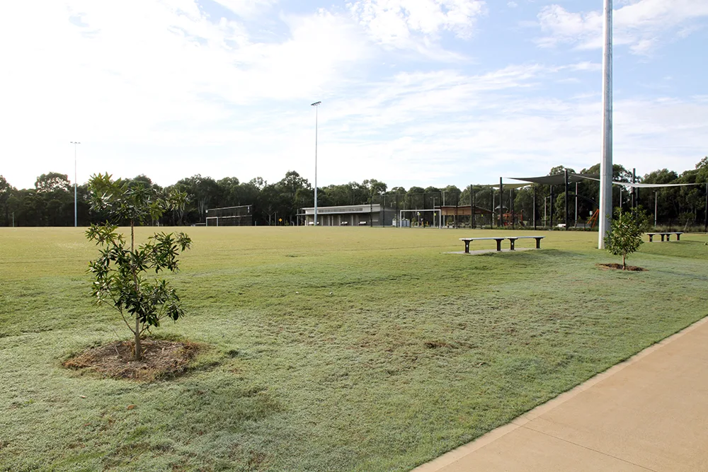 Large grassy field with newly planted trees, picnic table, and sports facilities including goal posts in background under partly cloudy sky