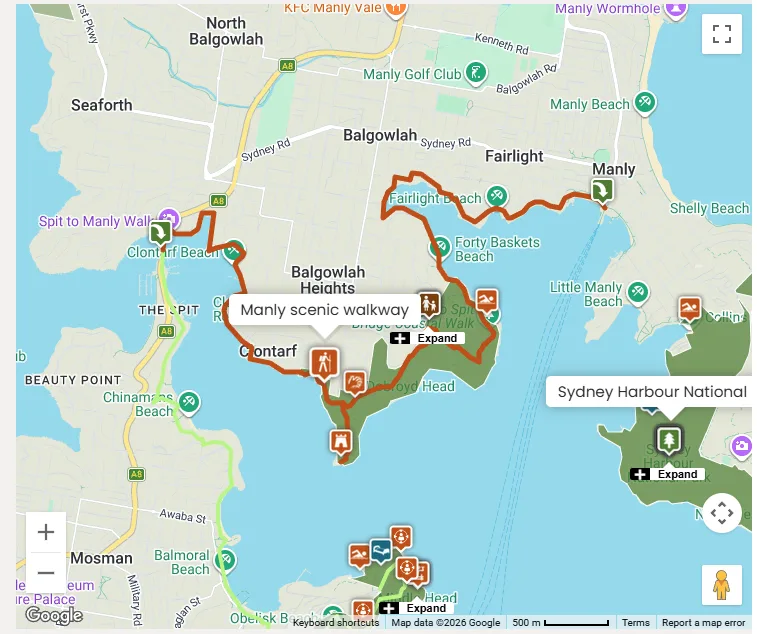 Map showing the Manly scenic walkway route from The Spit to Manly, highlighting coastal beaches, Sydney Harbour National Park areas, and family-friendly stops along the harbourside trail.